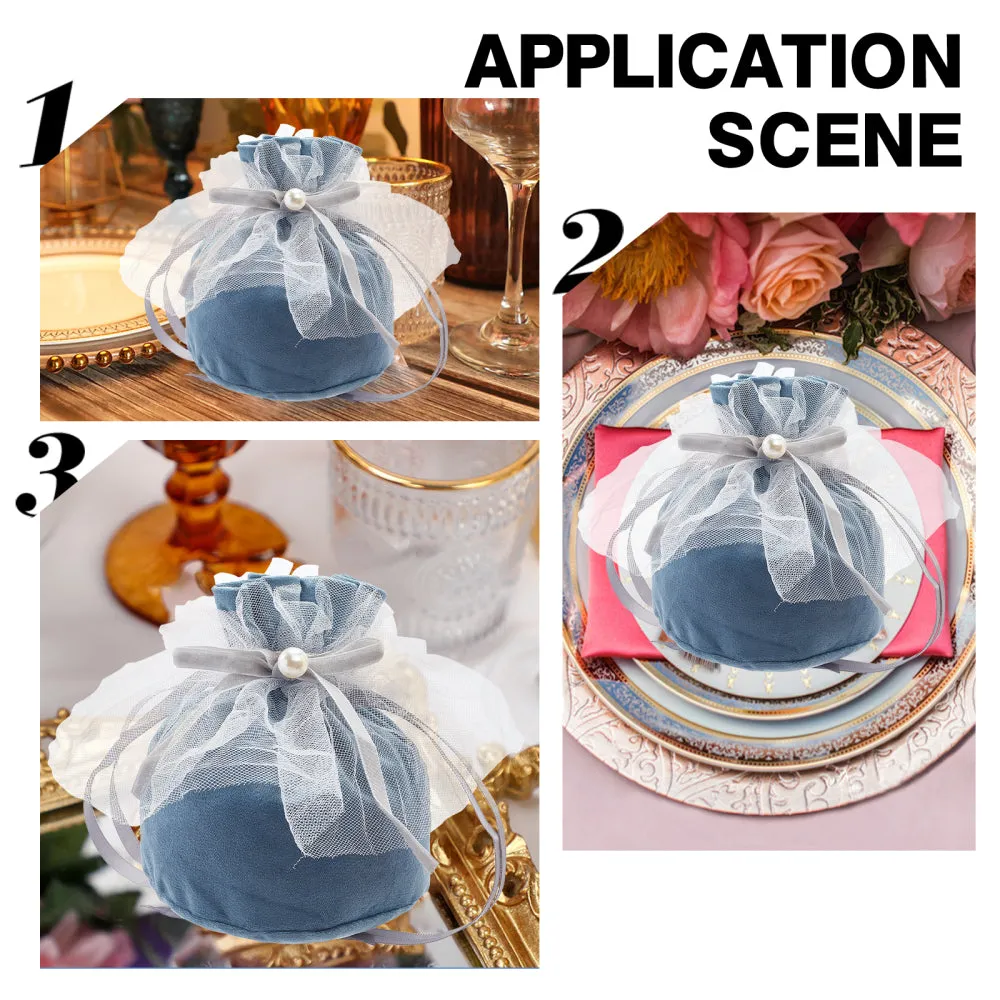 1 Bag 12 Pcs Round Bottom Velvet Jewelry Bags, Drawstring Gift Bags with Pearl Bead and White Yarn Velvet Candy Bags for Wedding Christmas Birthday Party Favors, Steel Blue, 14.2x14.9cm