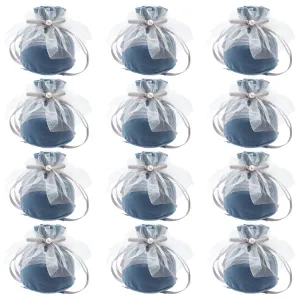 1 Bag 12 Pcs Round Bottom Velvet Jewelry Bags, Drawstring Gift Bags with Pearl Bead and White Yarn Velvet Candy Bags for Wedding Christmas Birthday Party Favors, Steel Blue, 14.2x14.9cm