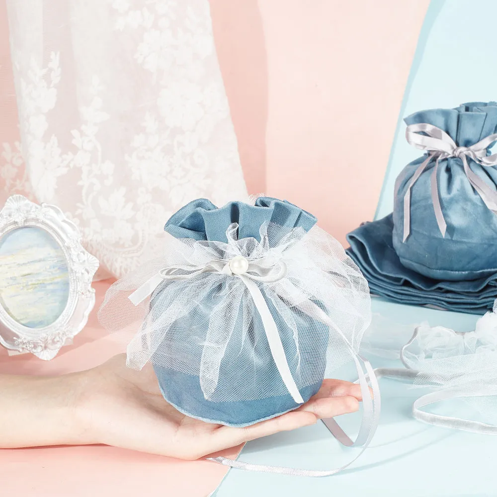 1 Bag 12 Pcs Round Bottom Velvet Jewelry Bags, Drawstring Gift Bags with Pearl Bead and White Yarn Velvet Candy Bags for Wedding Christmas Birthday Party Favors, Steel Blue, 14.2x14.9cm
