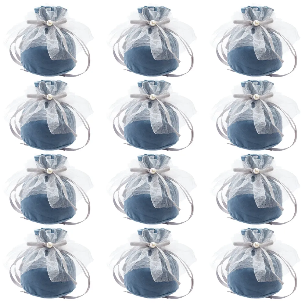 1 Bag 12 Pcs Round Bottom Velvet Jewelry Bags, Drawstring Gift Bags with Pearl Bead and White Yarn Velvet Candy Bags for Wedding Christmas Birthday Party Favors, Steel Blue, 14.2x14.9cm
