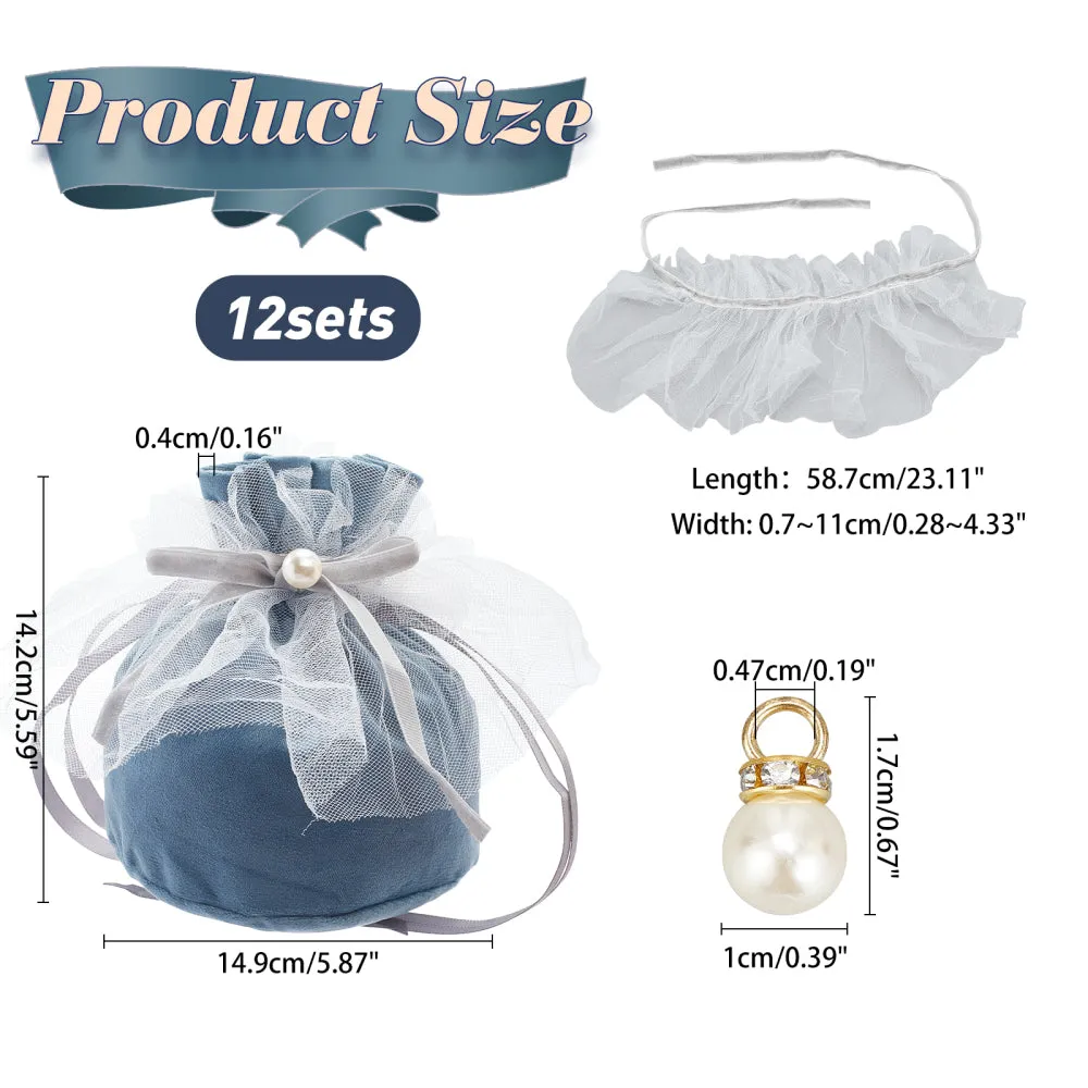 1 Bag 12 Pcs Round Bottom Velvet Jewelry Bags, Drawstring Gift Bags with Pearl Bead and White Yarn Velvet Candy Bags for Wedding Christmas Birthday Party Favors, Steel Blue, 14.2x14.9cm