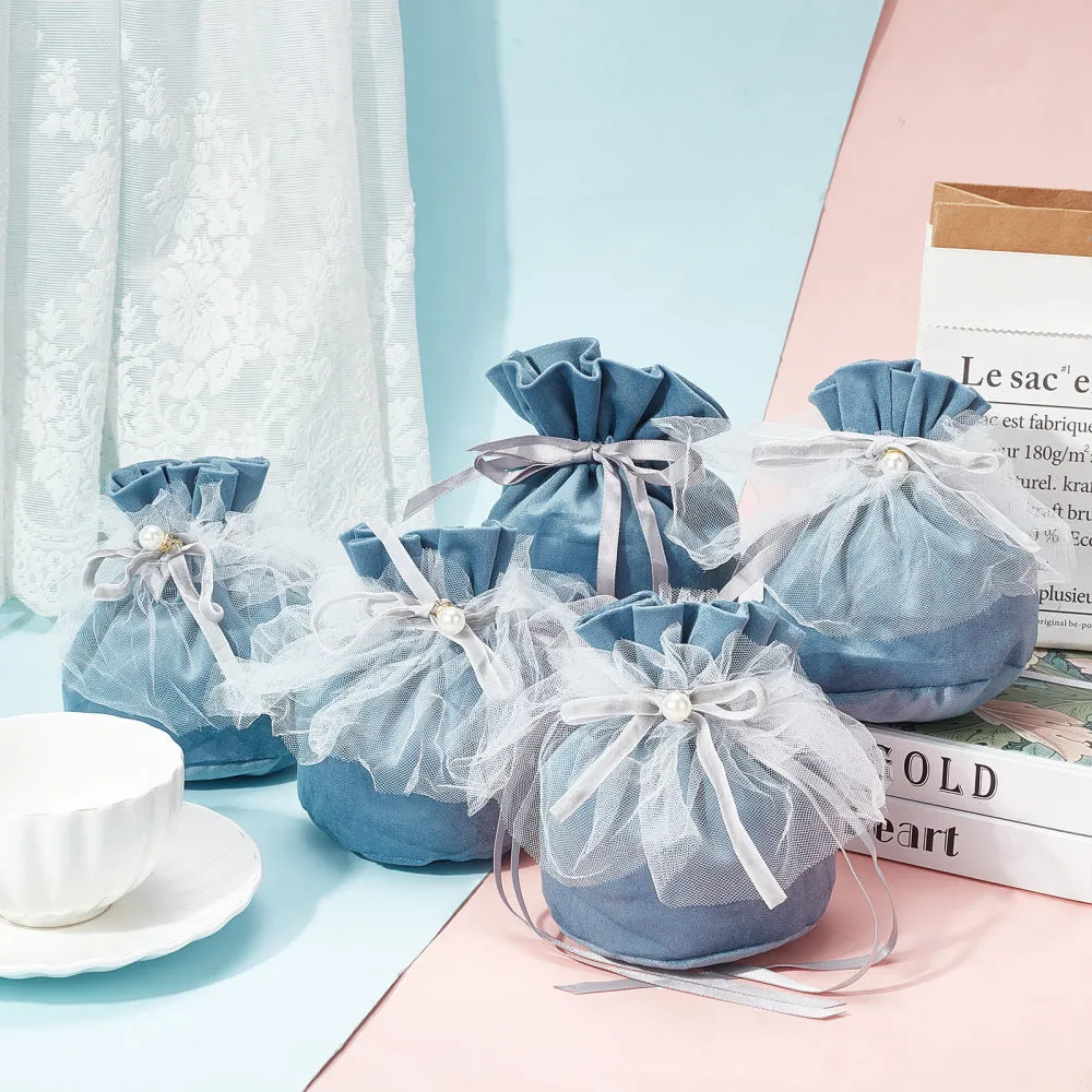 1 Bag 12 Pcs Round Bottom Velvet Jewelry Bags, Drawstring Gift Bags with Pearl Bead and White Yarn Velvet Candy Bags for Wedding Christmas Birthday Party Favors, Steel Blue, 14.2x14.9cm