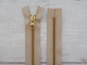 25cm YKK Antique Brass Metal Zip - Oatmeal Tape