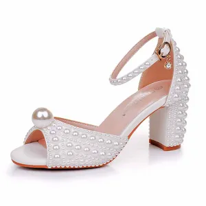 2.95" Pearls White Ankle Strap Chunky Heels Summer Wedding Dress Shoes