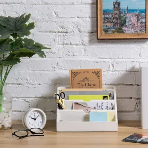 4-Compartment Vintage White Wood Desktop Mail Sorter or Office Stationery Organizer