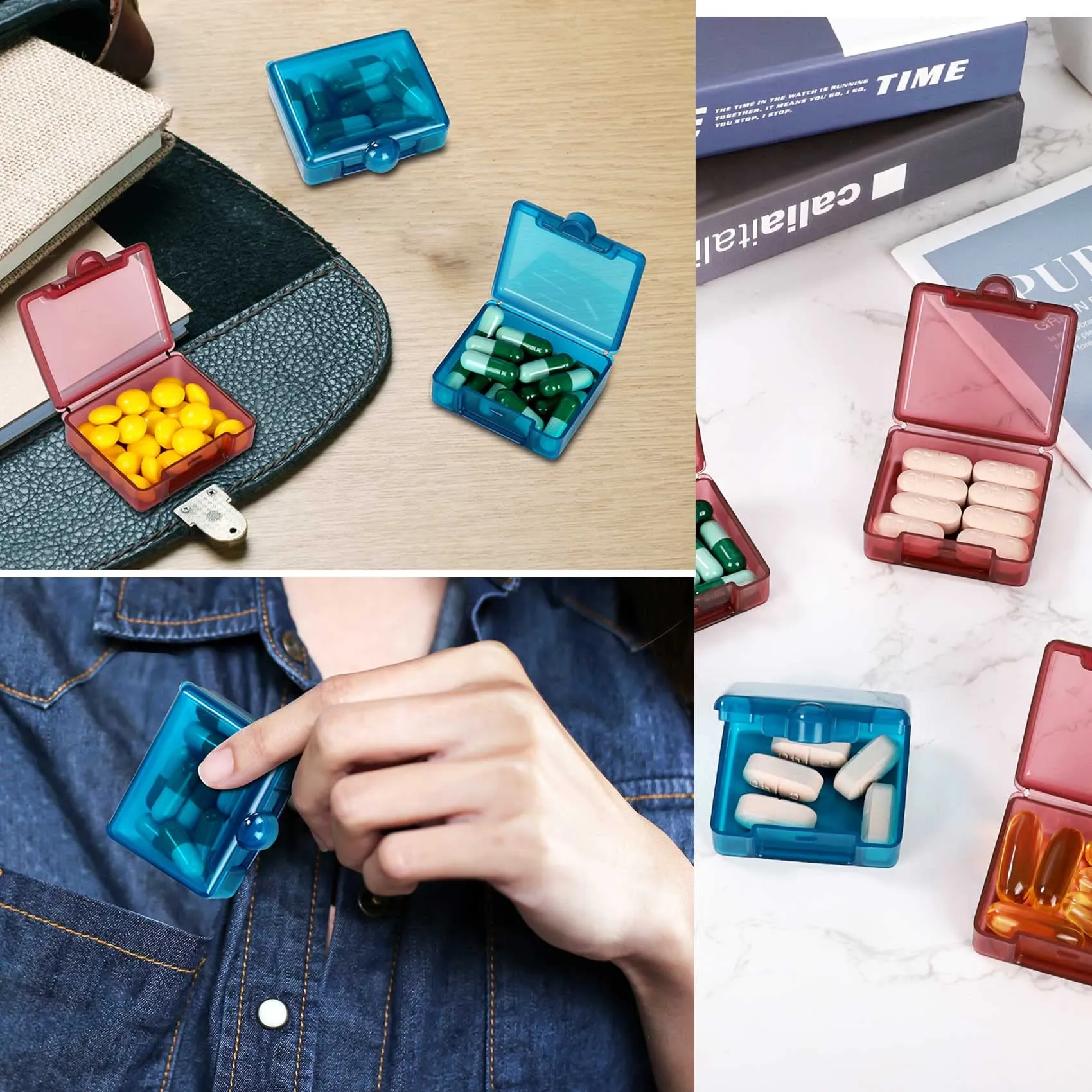 6Packs Small Pill Box Organizer Case, Mini Pill Organizer Pocket Pill Box Daily Pill Case Pill Box for Travel, Portable Pill Container (Blue&Red) 6PCS Daily Pill Boxs