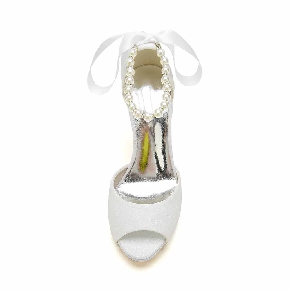 Ankle Pearled Strap Party Shoes Lace Up Sparkling Pumps Open Toe Heeled Bridal Shoes