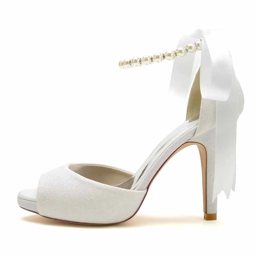 Ankle Pearled Strap Party Shoes Lace Up Sparkling Pumps Open Toe Heeled Bridal Shoes