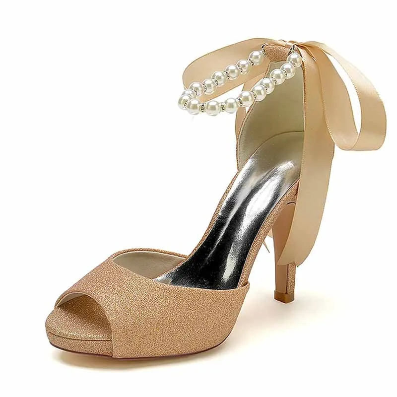 Ankle Pearled Strap Party Shoes Lace Up Sparkling Pumps Open Toe Heeled Bridal Shoes