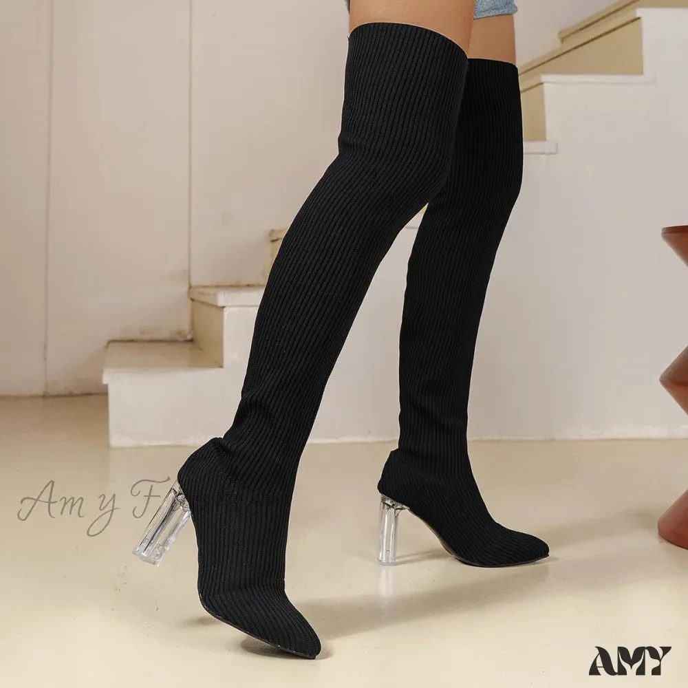 Autumn Winter New Slim High Heel Over-Knee Stretch Knit Pointed Toe Women's Boots Plus Size Shoes