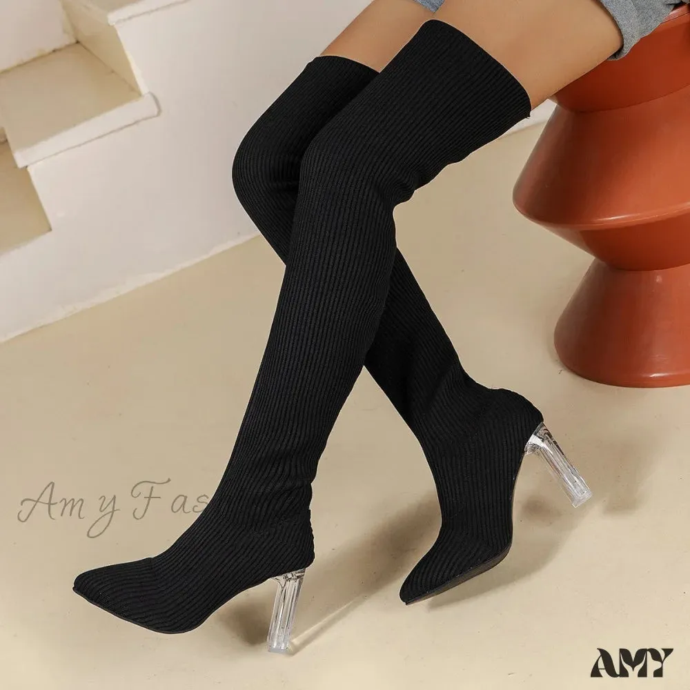 Autumn Winter New Slim High Heel Over-Knee Stretch Knit Pointed Toe Women's Boots Plus Size Shoes