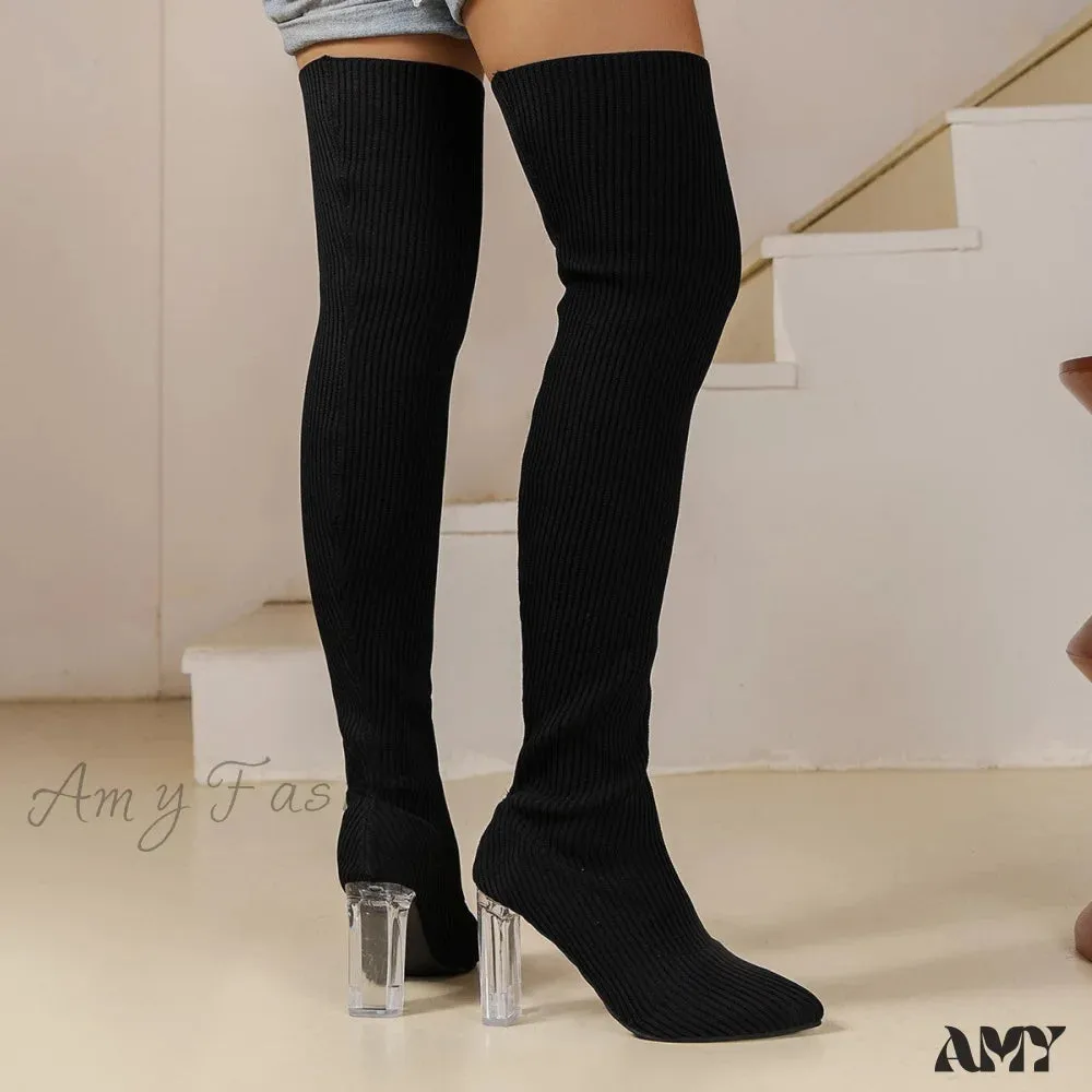 Autumn Winter New Slim High Heel Over-Knee Stretch Knit Pointed Toe Women's Boots Plus Size Shoes