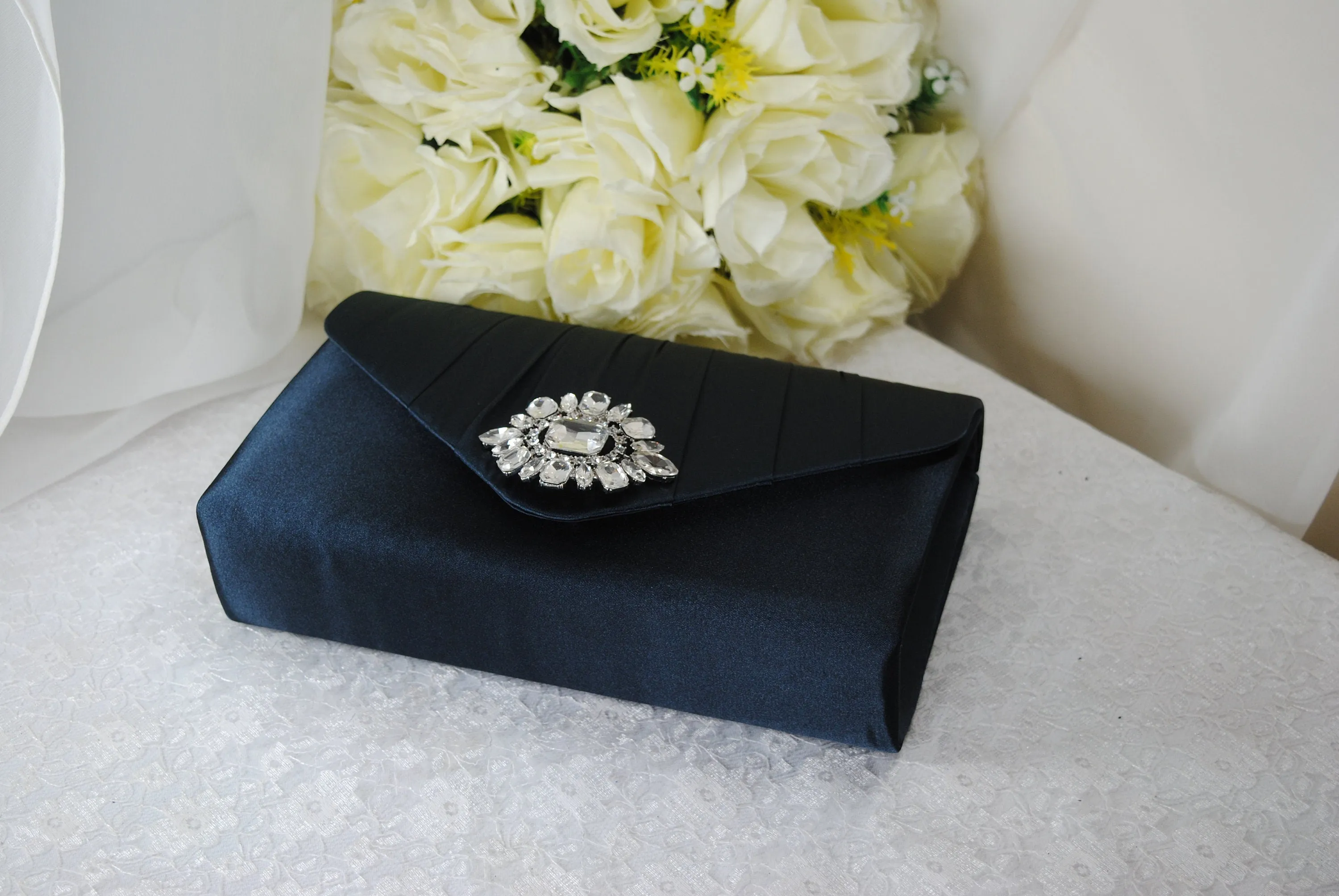 Beautiful Crystal Shoe Clips and Navy Matching Bag