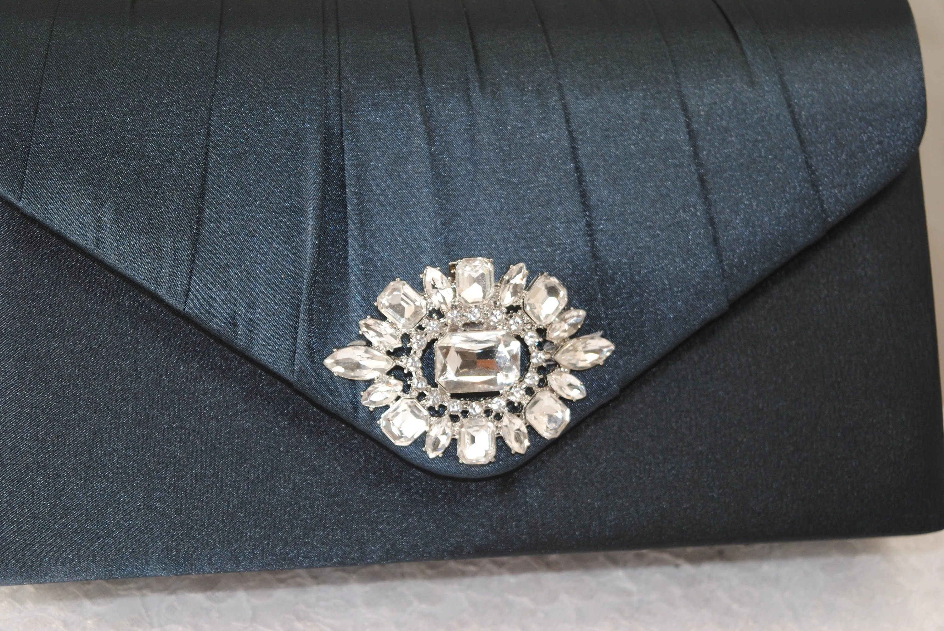 Beautiful Crystal Shoe Clips and Navy Matching Bag