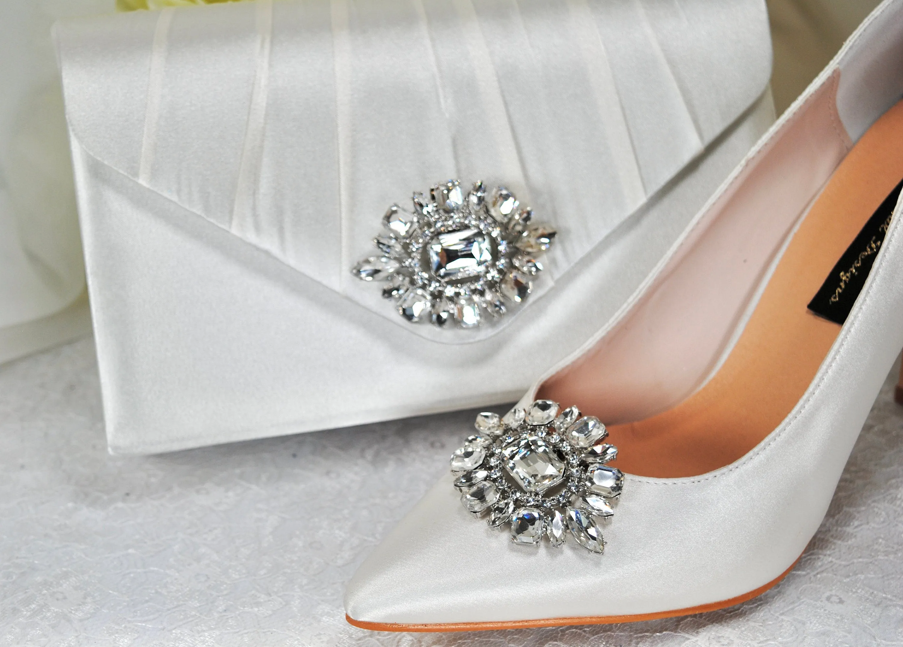 Beautiful Crystal Shoe Clips and Navy Matching Bag