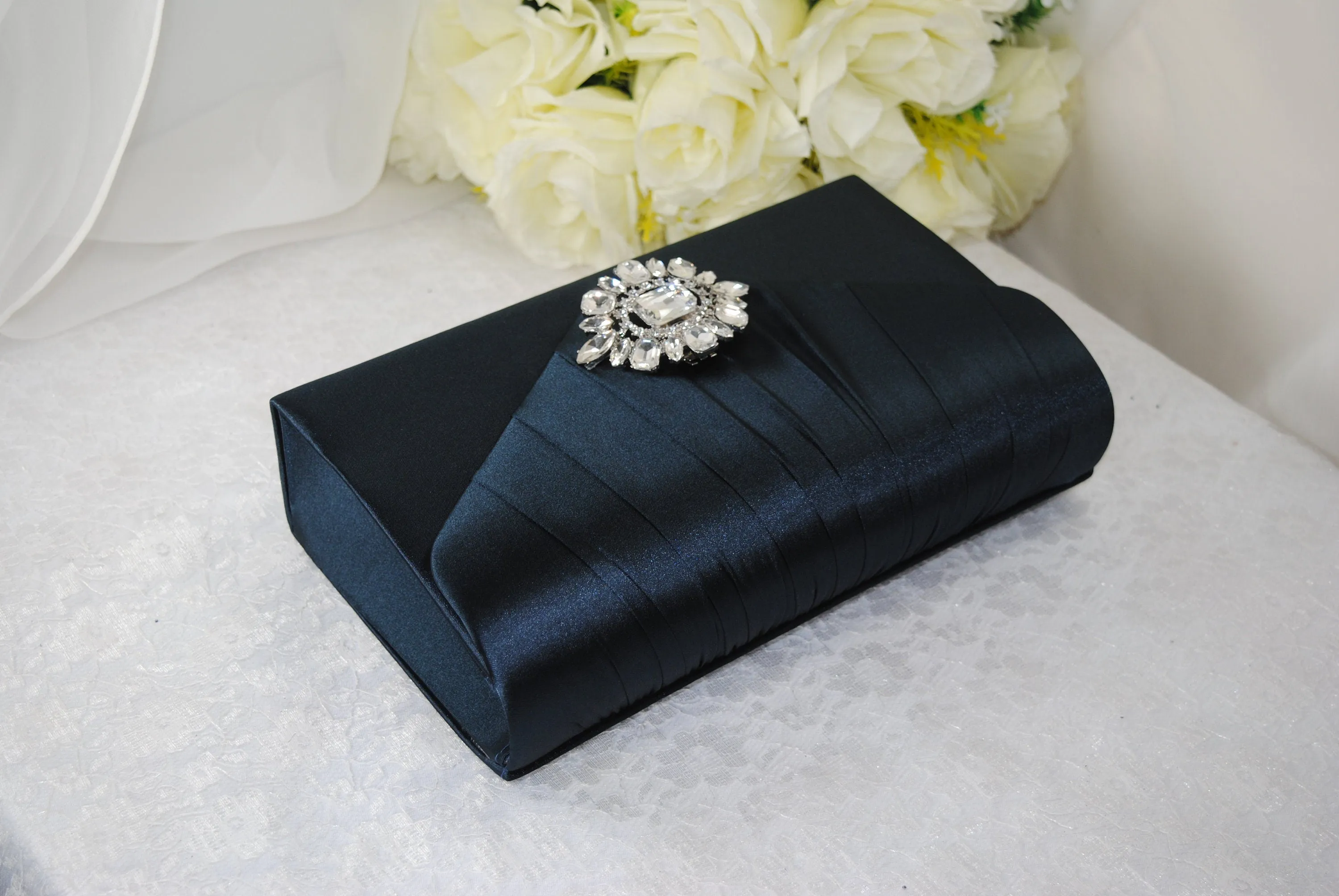 Beautiful Crystal Shoe Clips and Navy Matching Bag