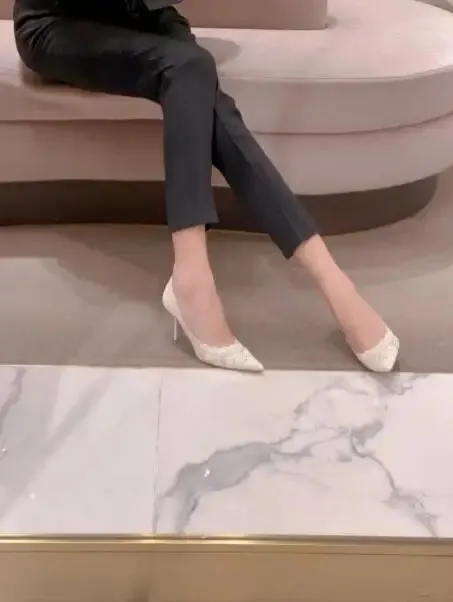 binfenxie  -  Spring Woman White Mesh Lace Embroidery Shallow Slip On Bride Wedding Shoes 7 9 Cm Thin High Heels Pointed Toe Party Pumps