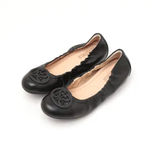Black ST Buckle Leather Ballerina Flats