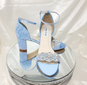 Blue Lace Block Heel Wedding Shoes with Sparkling Crystal Design