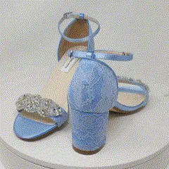 Blue Lace Block Heel Wedding Shoes with Sparkling Crystal Design