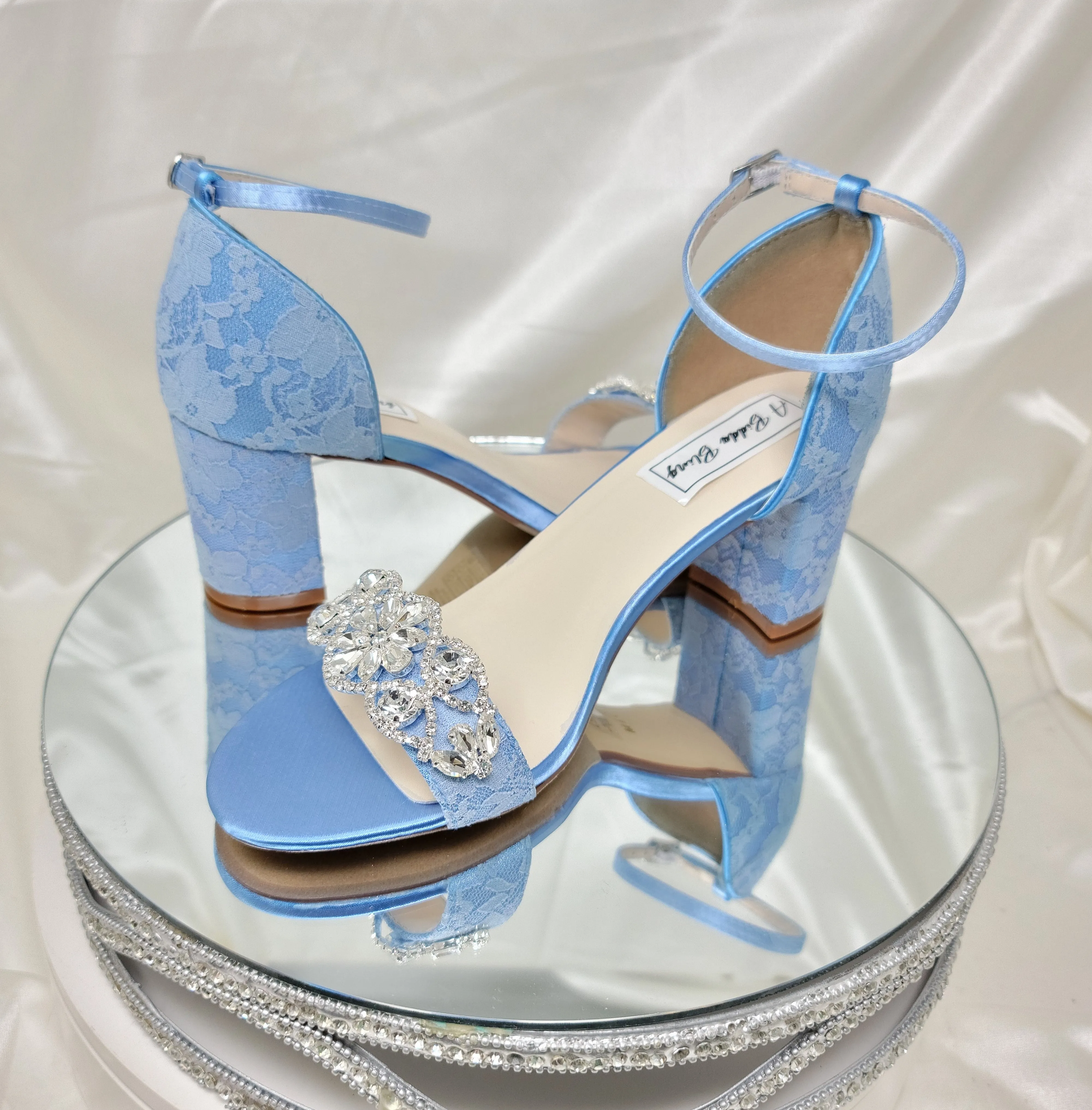 Blue Lace Block Heel Wedding Shoes with Sparkling Crystal Design