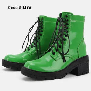 Bright Green Women's Patent Thick Sole Winter Chelsea Boots