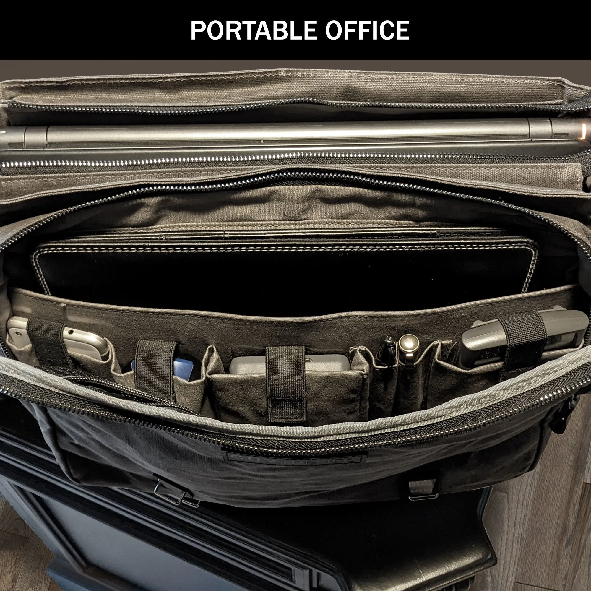Canvas Messenger Bag for Men;  Laptop Case;  Satchel | Office Professionals;  Students;  Travel | Waxed Canvas;  Genuine Leather;  Smoked Metal Hardware | Portable Office;  Trolley Sleeve;  Organizer