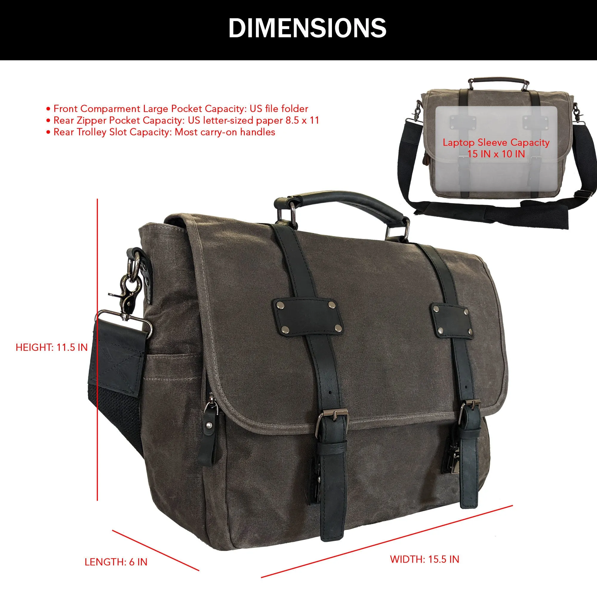 Canvas Messenger Bag for Men;  Laptop Case;  Satchel | Office Professionals;  Students;  Travel | Waxed Canvas;  Genuine Leather;  Smoked Metal Hardware | Portable Office;  Trolley Sleeve;  Organizer