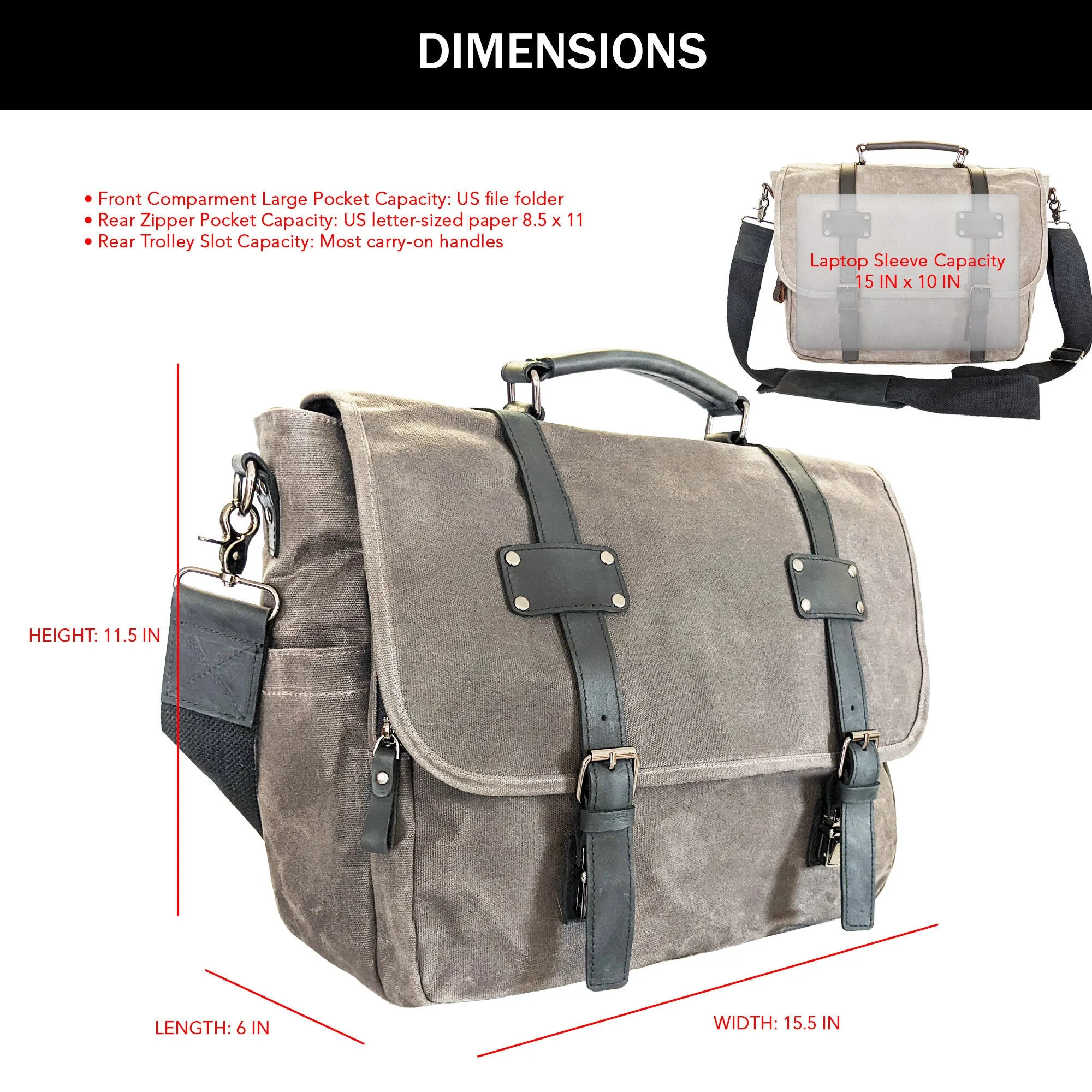 Canvas Messenger Bag for Men;  Laptop Case;  Satchel | Office Professionals;  Students;  Travel | Waxed Canvas;  Genuine Leather;  Smoked Metal Hardware | Portable Office;  Trolley Sleeve;  Organizer