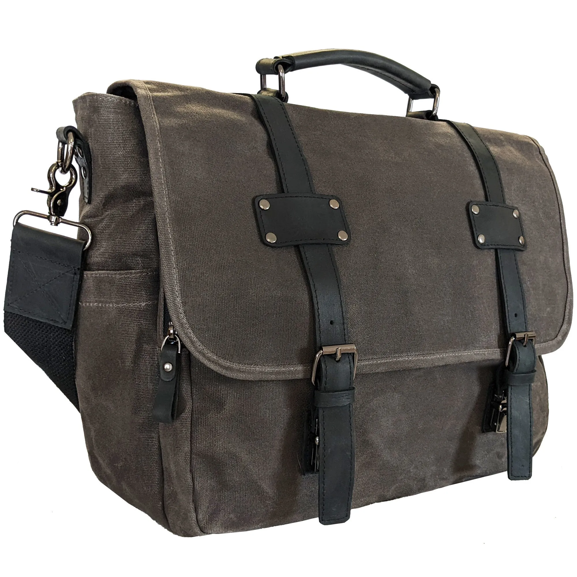 Canvas Messenger Bag for Men;  Laptop Case;  Satchel | Office Professionals;  Students;  Travel | Waxed Canvas;  Genuine Leather;  Smoked Metal Hardware | Portable Office;  Trolley Sleeve;  Organizer