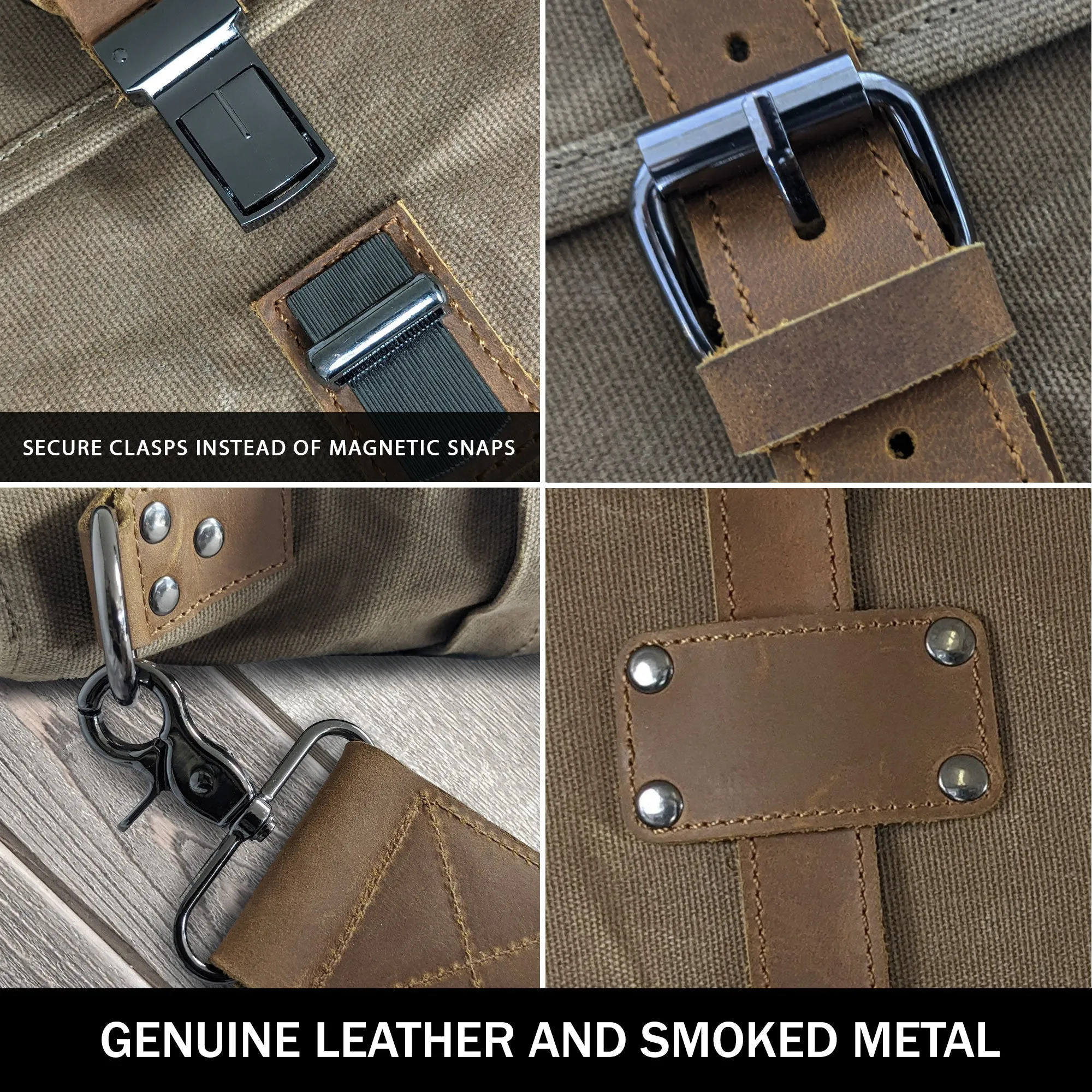 Canvas Messenger Bag for Men;  Laptop Case;  Satchel | Office Professionals;  Students;  Travel | Waxed Canvas;  Genuine Leather;  Smoked Metal Hardware | Portable Office;  Trolley Sleeve;  Organizer