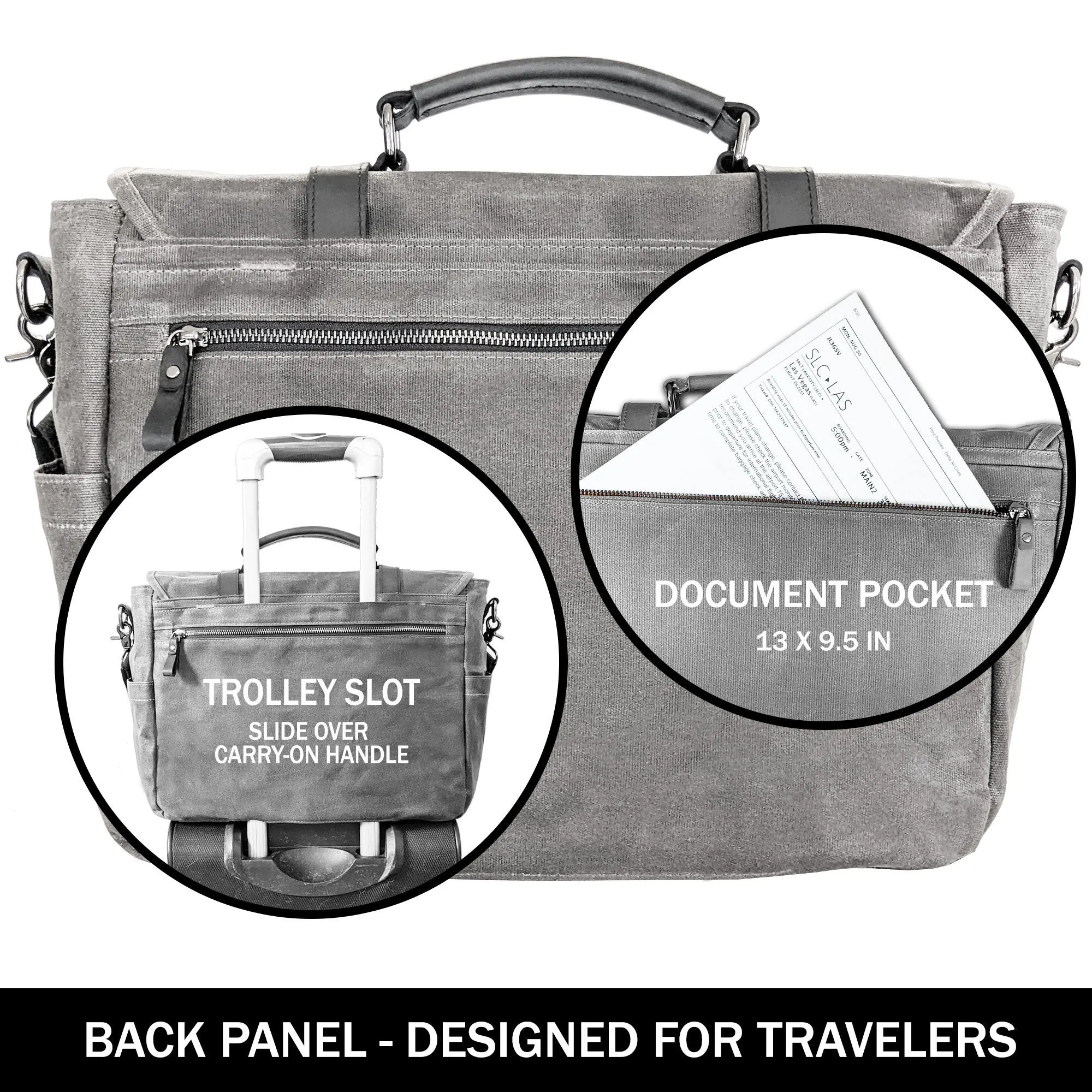 Canvas Messenger Bag for Men;  Laptop Case;  Satchel | Office Professionals;  Students;  Travel | Waxed Canvas;  Genuine Leather;  Smoked Metal Hardware | Portable Office;  Trolley Sleeve;  Organizer
