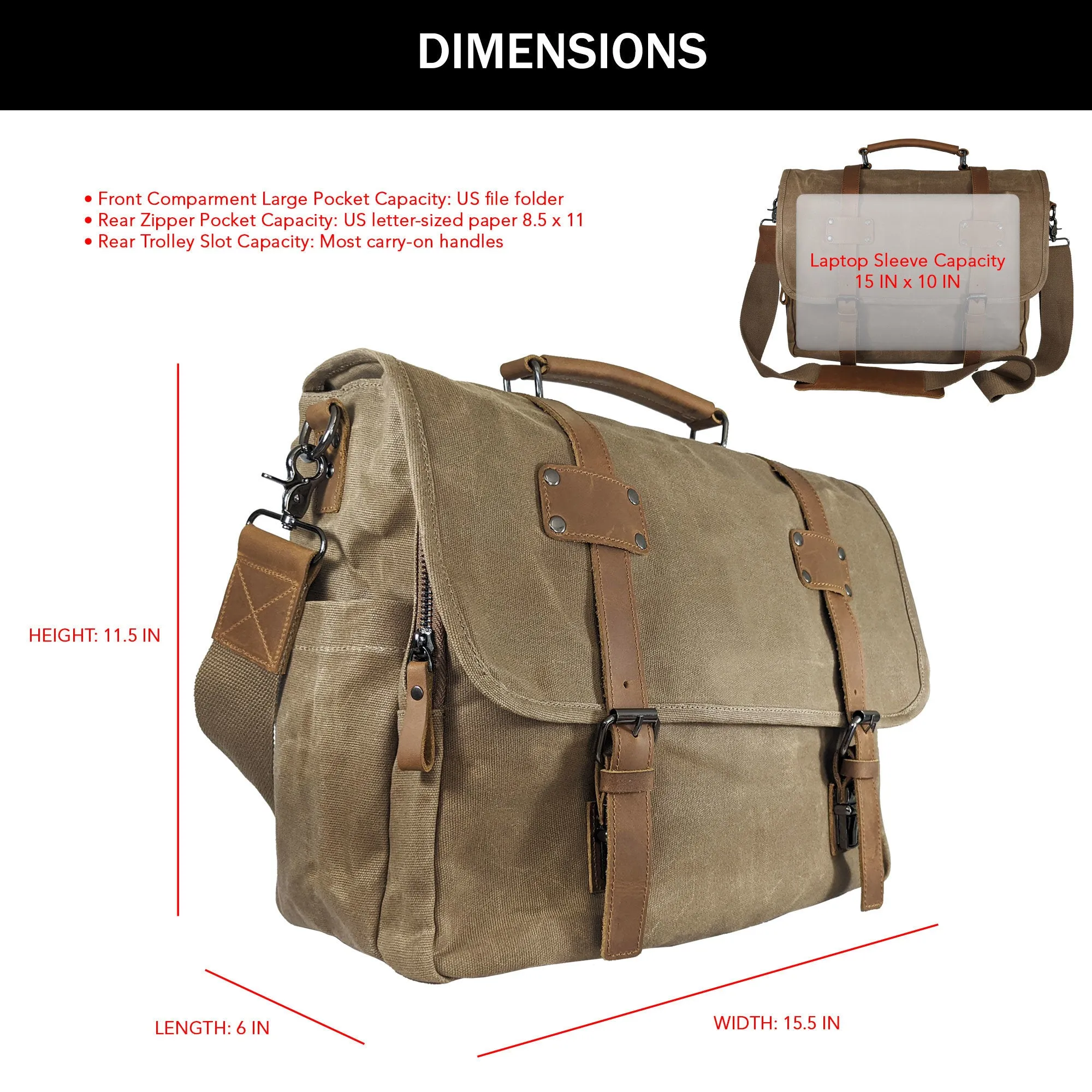 Canvas Messenger Bag for Men;  Laptop Case;  Satchel | Office Professionals;  Students;  Travel | Waxed Canvas;  Genuine Leather;  Smoked Metal Hardware | Portable Office;  Trolley Sleeve;  Organizer