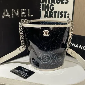 Chanel Camellia Coco Bucket Bag Small Black Patent Leather Used Designer Handbag