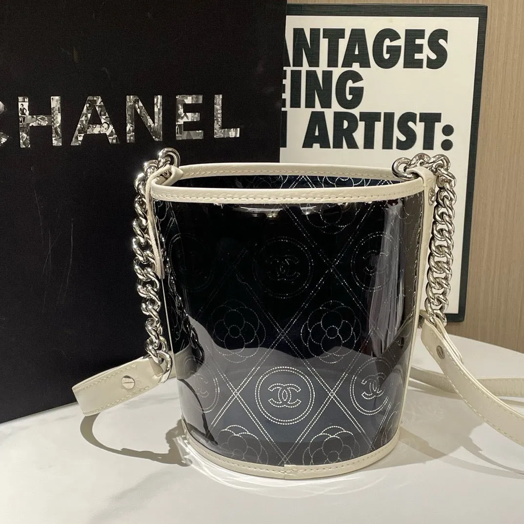 Chanel Camellia Coco Bucket Bag Small Black Patent Leather Used Designer Handbag