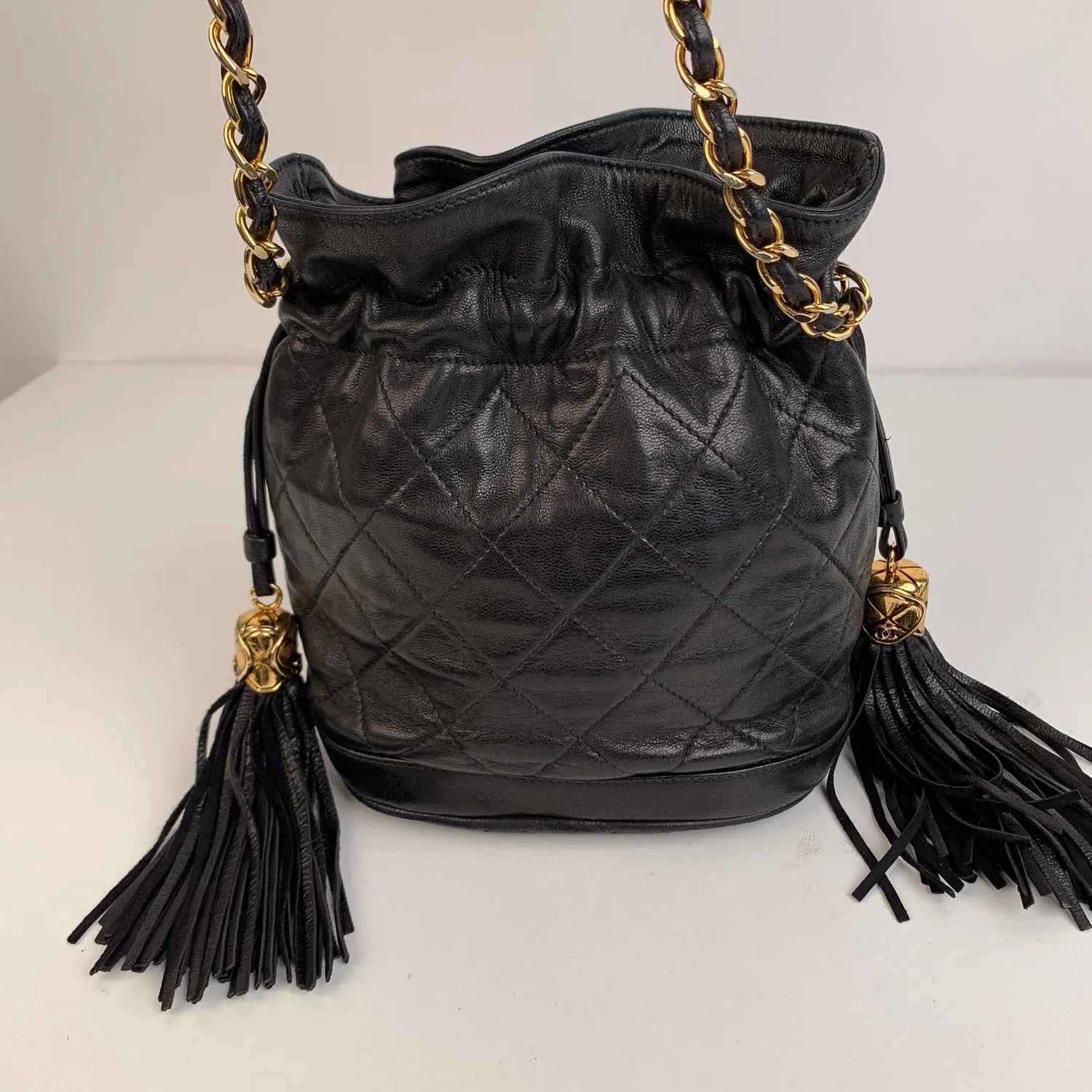 Chanel Vintage 1989 Black Quilted Leather Small Bucket Shoulder Bag