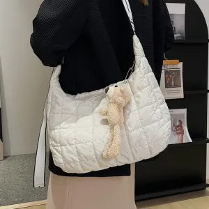 Christmas Gift Down Feather Padded Women Hobo Shoulder Bags Big Lattice Nylon Messenger Handbag Ladies Large Space Cotton Shopper Crossbody Bag