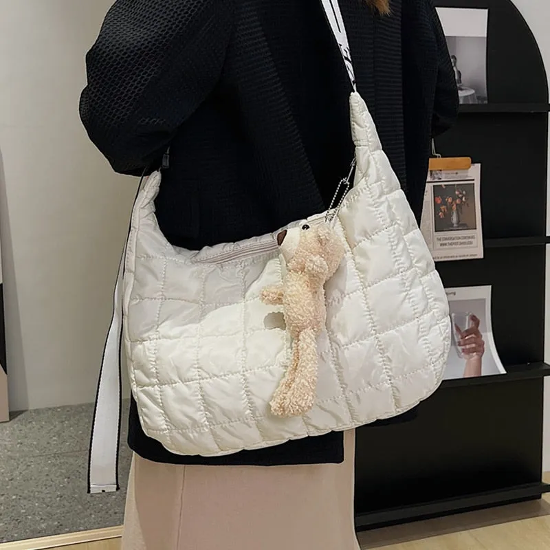 Christmas Gift Down Feather Padded Women Hobo Shoulder Bags Big Lattice Nylon Messenger Handbag Ladies Large Space Cotton Shopper Crossbody Bag