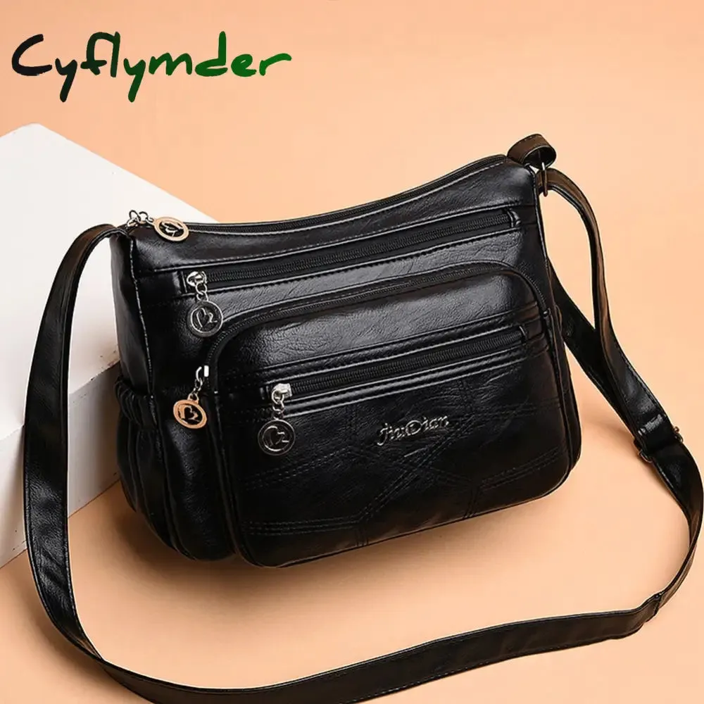 Cyflymder Fashion PU Leather Shoulder Bag Portable Elegant Women Large Capacity Mother Daily Square Bag Travel Multi-zipper Messenger Bag