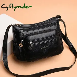 Cyflymder Fashion PU Leather Shoulder Bag Portable Elegant Women Large Capacity Mother Daily Square Bag Travel Multi-zipper Messenger Bag