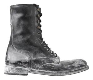 Dolce & Gabbana Black Leather Mid Calf Lace Up Boots Shoes