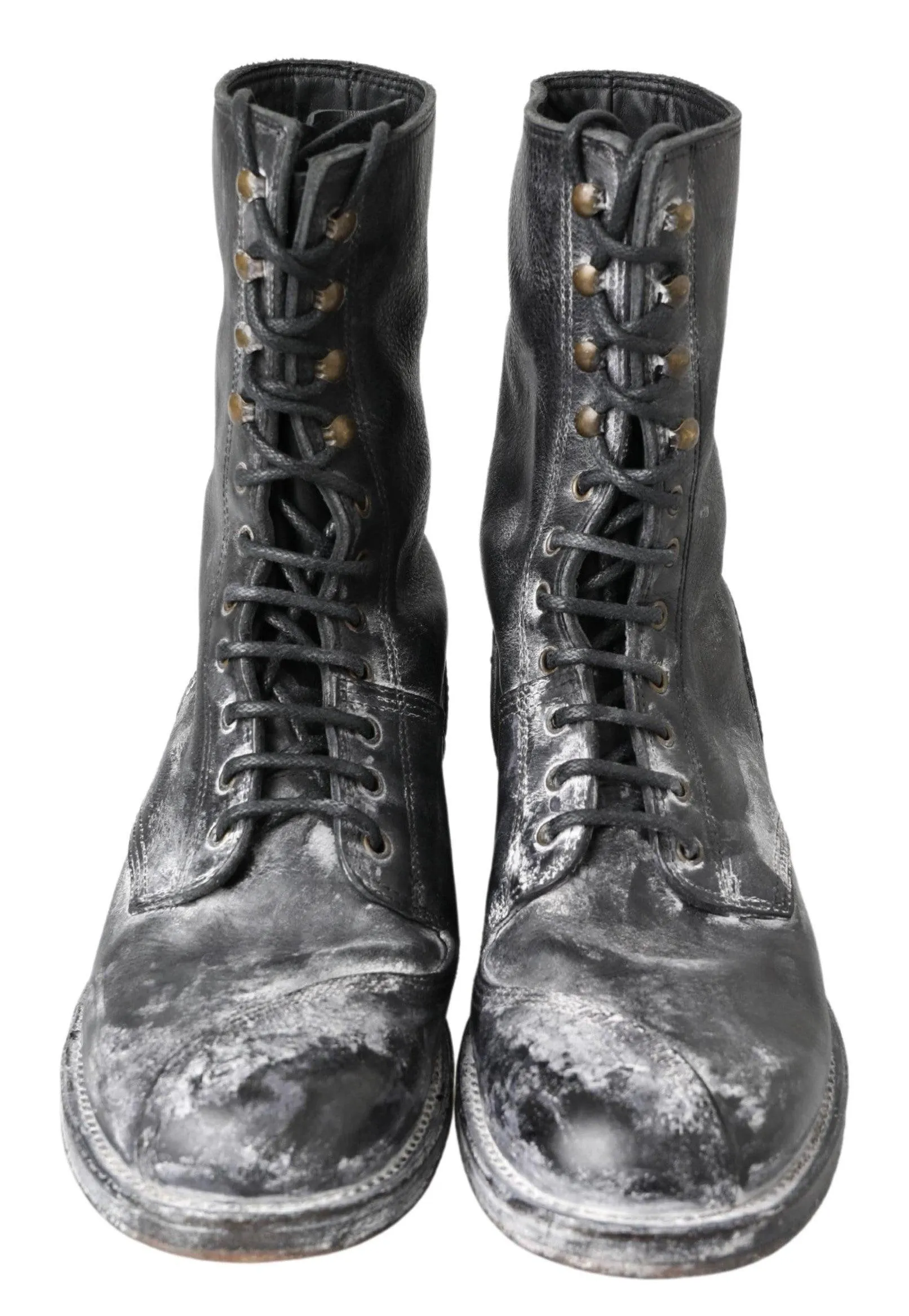 Dolce & Gabbana Black Leather Mid Calf Lace Up Boots Shoes