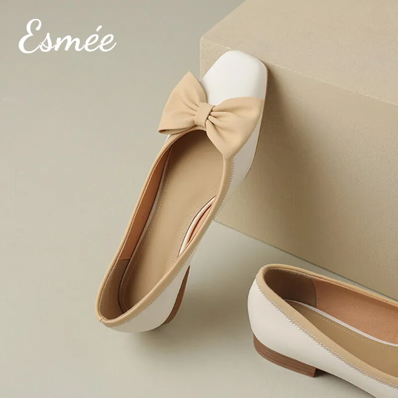 Dual Color Leather Flats with Bow Knot Design