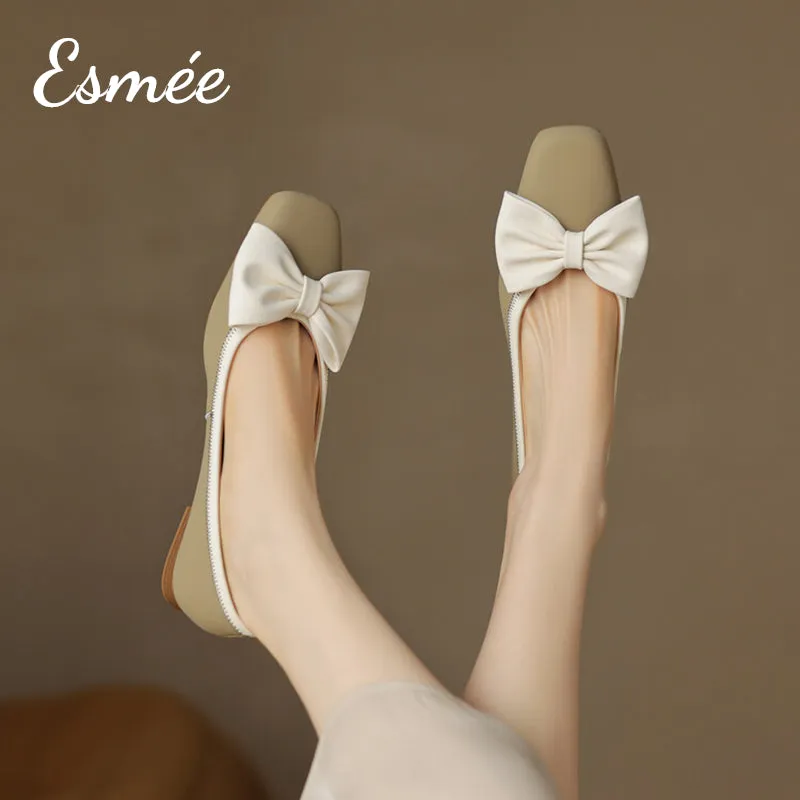 Dual Color Leather Flats with Bow Knot Design