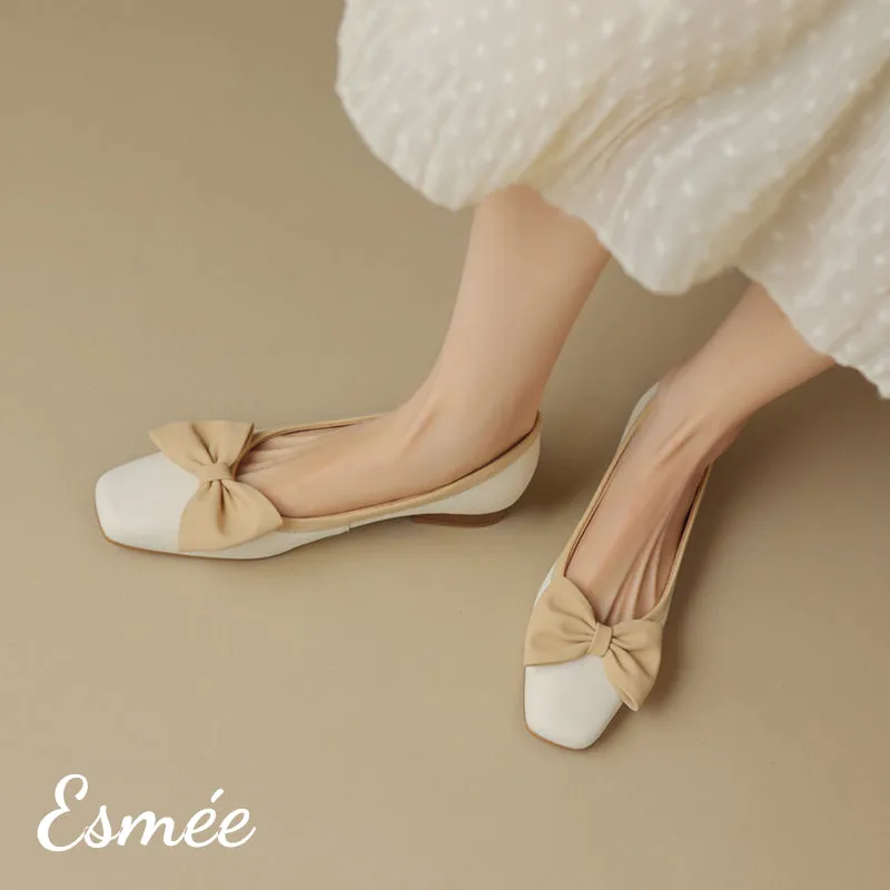 Dual Color Leather Flats with Bow Knot Design