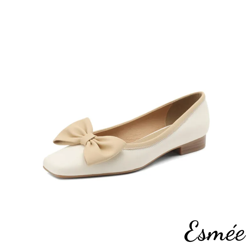 Dual Color Leather Flats with Bow Knot Design