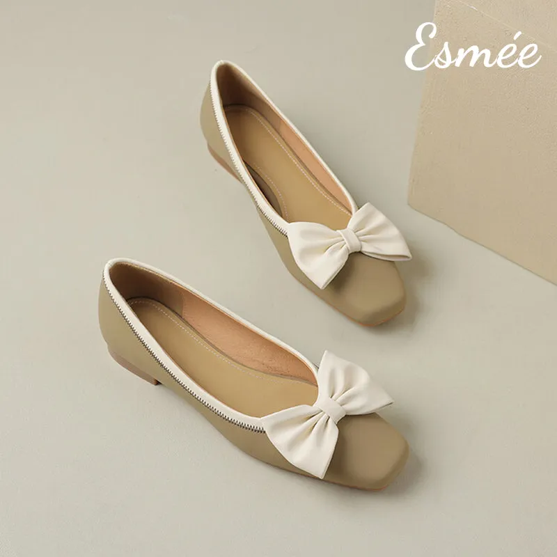 Dual Color Leather Flats with Bow Knot Design