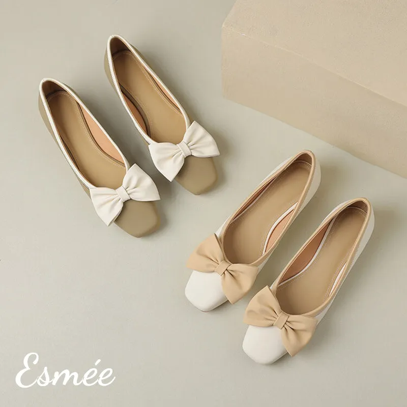 Dual Color Leather Flats with Bow Knot Design