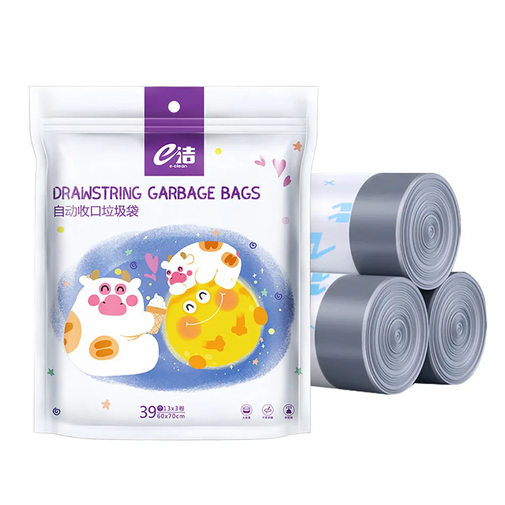 E-Clean Drawstring Garbage Bags with Cat Paw and Cow Pattern - 60x70cm, 39 Pieces