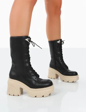 Ever Black Beige Laced Chunky Sole Ankle Boots